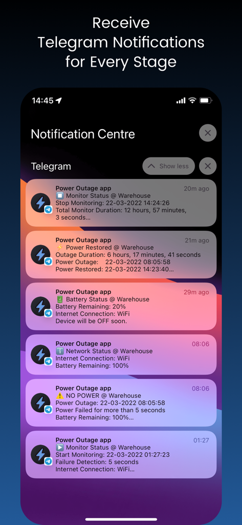 Centro de notificaciones de iPhone que muestra alertas de Telegram para el estado de corte y restauración de energía.