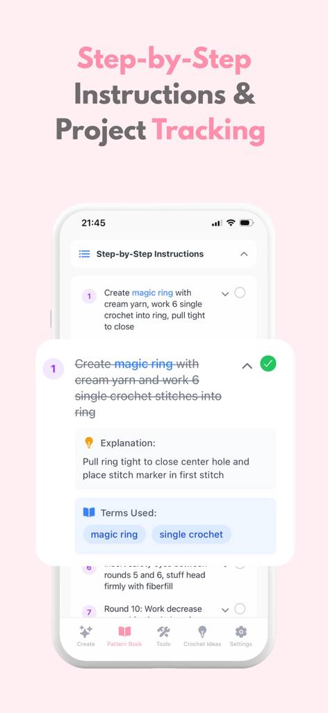 Crochet AI: Crochet Patterns - Step by step crochet instructions and project tracking interface in the Crochet AI app
