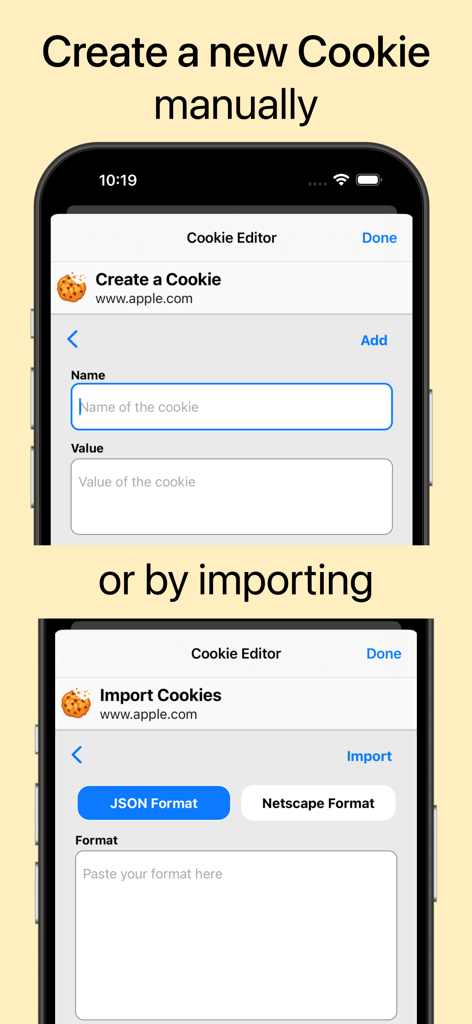 Interface of Cookie Editor For Safari showing options to manually create a cookie or import cookies in JSON and Netscape formats