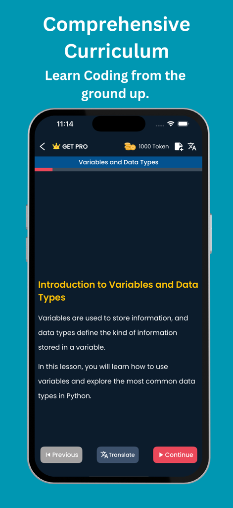 CoddyKit: Learn Coding with AI - CoddyKit mobile app screen showing an introductory Python lesson on variables and data types.