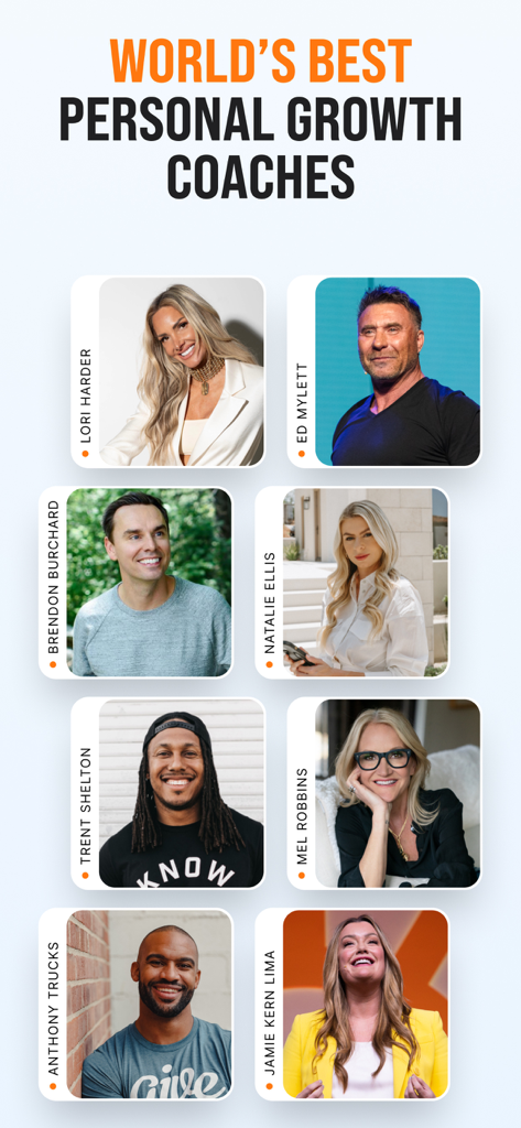 GrowthDay: Daily Mindset Coach - A grid showcasing world-renowned personal growth coaches like Mel Robbins and Brendon Burchard available in the GrowthDay app.