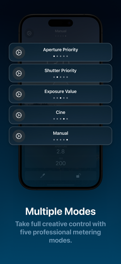 Écran d'iPhone affichant cinq modes de mesure professionnels, dont priorité ouverture et priorité obturation, pour la photographie manuelle