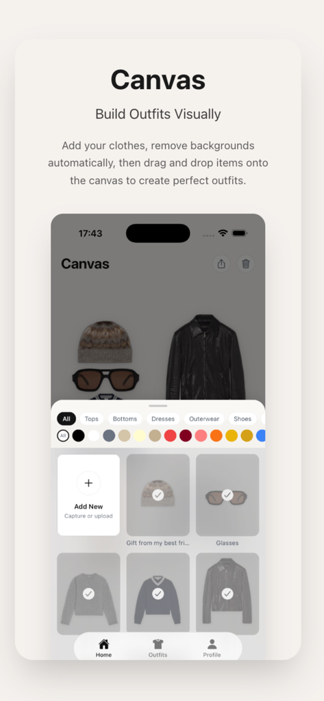 Outfit Studio - Style Canvas - Outfit Studio app interface showing the canvas feature for building visual outfit collages with digital clothing items