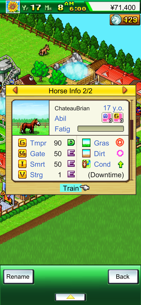 Pocket Stables - Pocket Stables game interface displaying horse attributes and training options