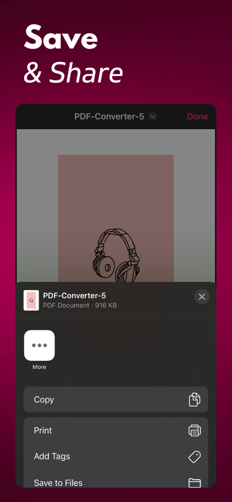 iOS share menu in the PDF Converter app showing options to copy print add tags and save documents to files