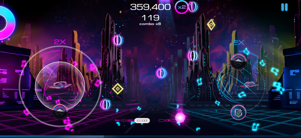 Ginst - Music Game - Gameplay of Ginst music game featuring a neon futuristic city with floating notes and high score display