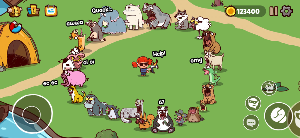 Animal Voice Fun Game - 맞춤 사운드를 만드는 다양한 재미있는 만화 동물들이 원을 이루고 있습니다