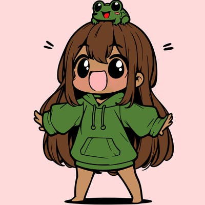 a excited chibi girl whith long hair and a baggy shirt whith a frog on there head