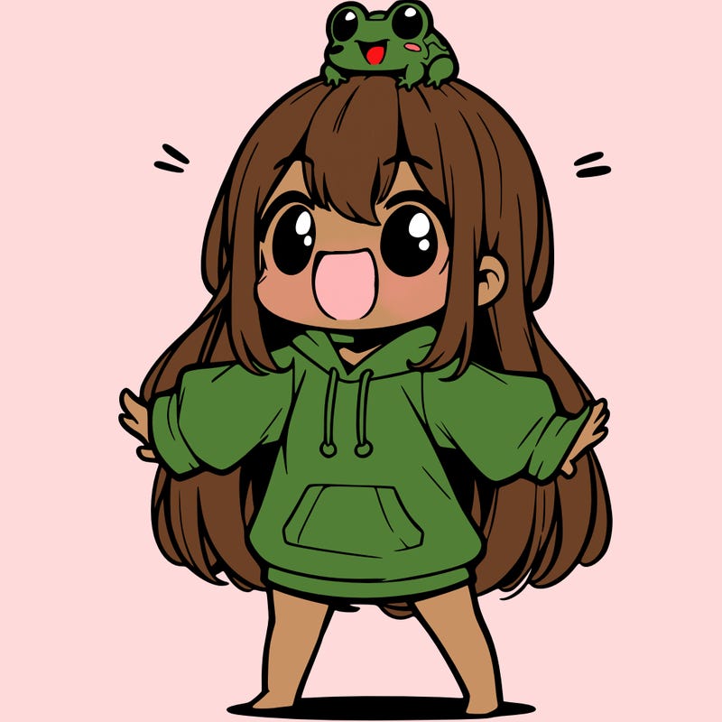 a excited chibi girl whith long hair and a baggy shirt whith a frog on there head