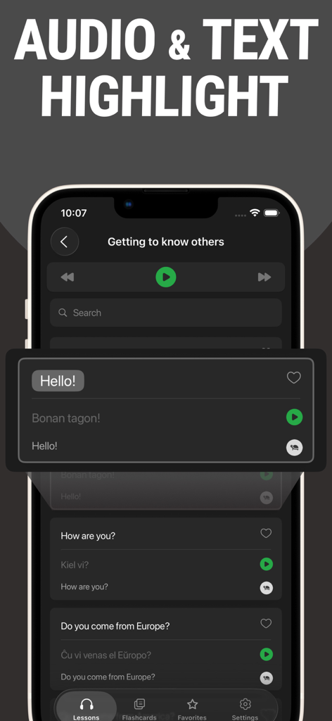 Interfaz de la aplicación Lentil mostrando frases en Esperanto con audio sincronizado y resaltado de texto.