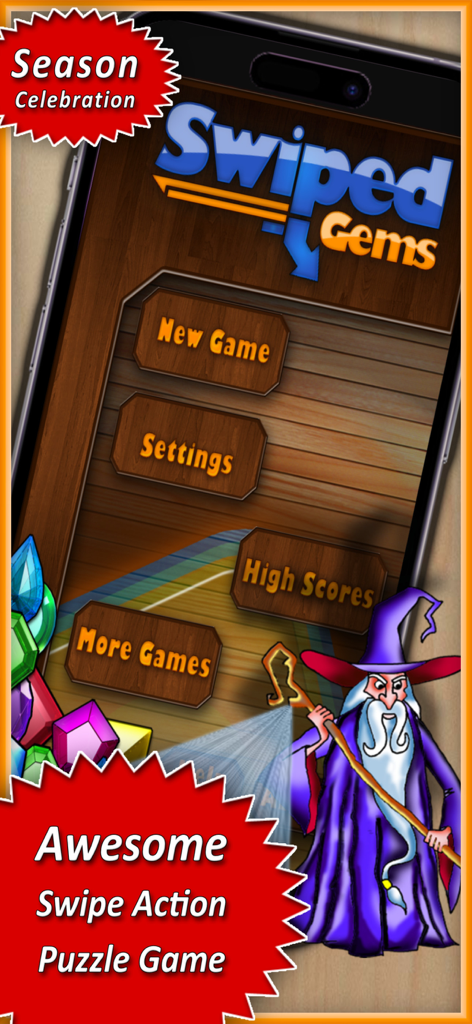 Swiped - Main menu of the Swiped Gems puzzle game featuring a magician character and colorful gem icons