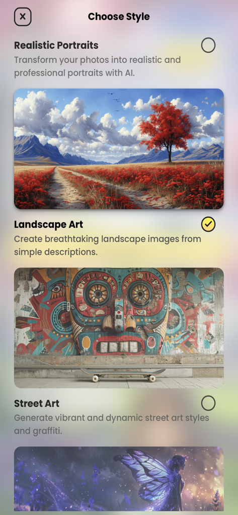 Aura AI - Art generator - Aura AI app screen showing different art styles including landscape art street art and realistic portraits