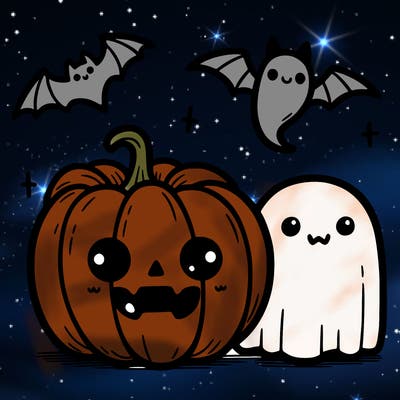 cute pumpkin with a cute ghost and a cute bat