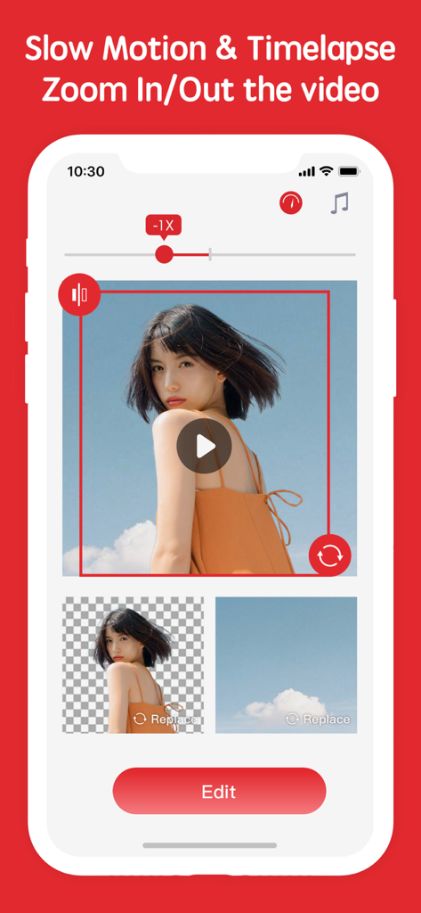 Erase&Change Video Background - Interfaz de aplicación móvil que muestra herramientas de edición de video para zoom en cámara lenta y reemplazo de fondo