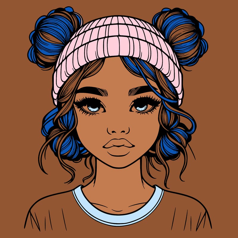 realistic girl with buns in her hair with a beanie on