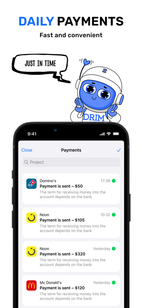 Mobile app screen showing a list of daily payments to influencers from brands like Dominos and McDonalds.