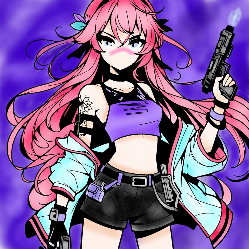 bad girl wearing crop top holding a gun long hair anime