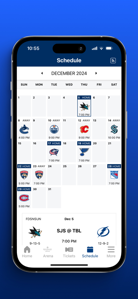 Tampa Bay Lightning Official - Tampa Bay Lightning mobile app game schedule screen showing the December 2024 calendar with home and away games.