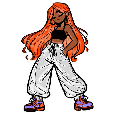 girl in baggy pants crop top and long hair
