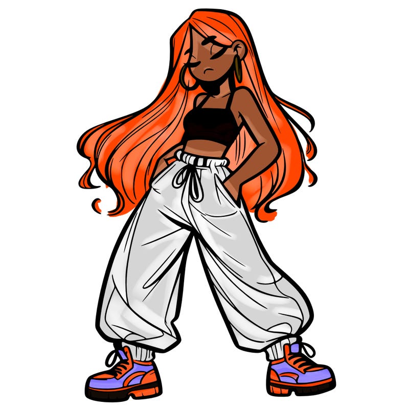 girl in baggy pants crop top and long hair