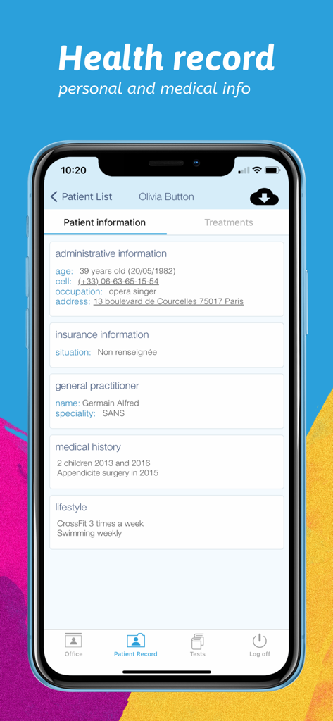 Medicapp Pro 모바일 앱 인터페이스, 환자 정보, 의료 기록 및 생활 습관 세부 정보 표시