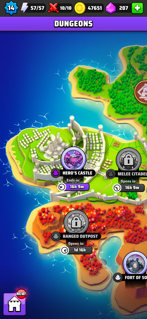 In-Game-Screenshot der Dungeon-Weltkarte in Black Deck Card Battle TCG, der die Heldenburg und andere Questorte zeigt.