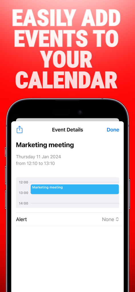 Import ics files : ICSKit - iPhone-Bildschirm mit Details zu einem Marketingbesprechungsereignis in der ICSKit-App