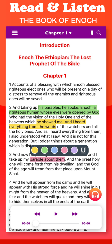 Book of Enoch & Audio - Interfaz de lectura de la aplicación Libro de Enoc con resaltado y controles de audio