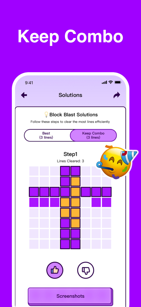 블록 블라스트 도우미 앱 화면, 콤보를 유지하고 라인을 지우기 위한 단계별 퍼즐 솔루션 표시