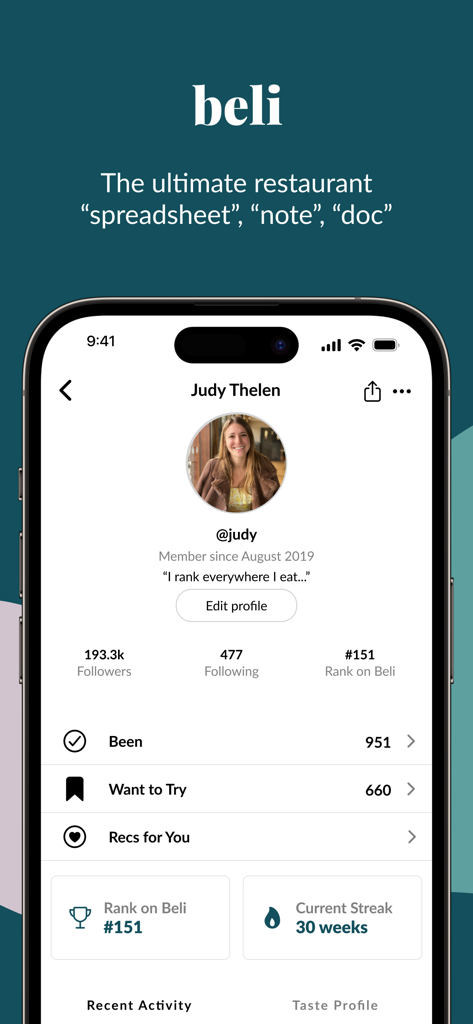 Beli - Beli app user profile interface showing restaurant lists and social dining stats