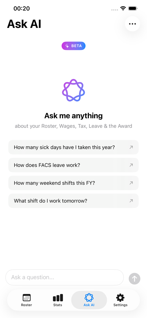 MyRoster - The Ask AI interface of the MyRoster app showing suggested questions about roster and wage information