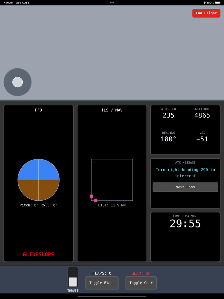 Aircraft Instrument Simulator - PFDナビゲーションデータとフライトシミュレーション用の航空機制御機能を備えた詳細なデジタルフライト計器パネル。