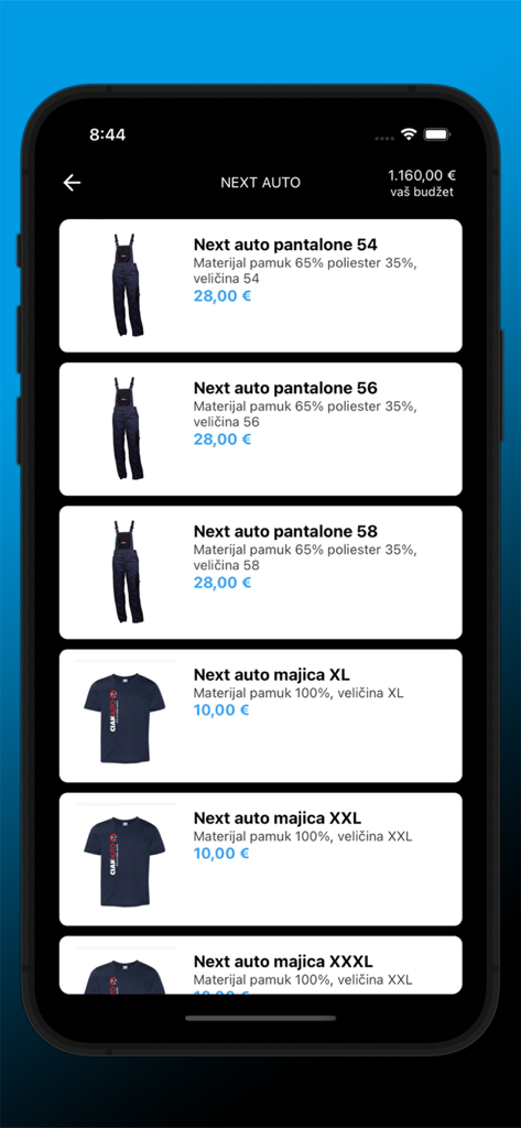 Interfaz de la tienda de la aplicación NextAuto que muestra pantalones de trabajo y camisas para mecánicos