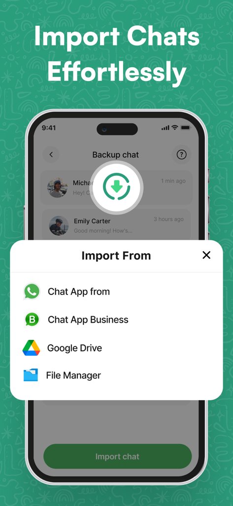 Whats Web Dual Messenger App - Screenshot showing options to import chats from WhatsApp WhatsApp Business Google Drive and File Manager