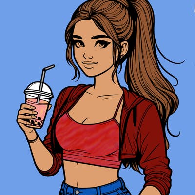 realistic teenage girl witg a ponytail wearing a crop top and some jeans holding a drink