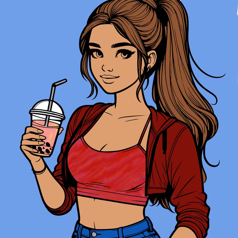 realistic teenage girl witg a ponytail wearing a crop top and some jeans holding a drink