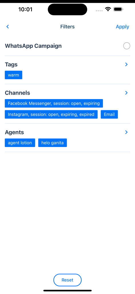 The filters screen in the Qontak Chat app displaying options for WhatsApp campaigns, tags, channels, and agents.