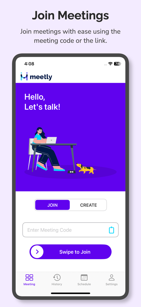 Meetly - Video Meetings - Interfaz de la aplicación móvil Meetly para unirse a una videollamada con un código de reunión y botón deslizar para unirse.