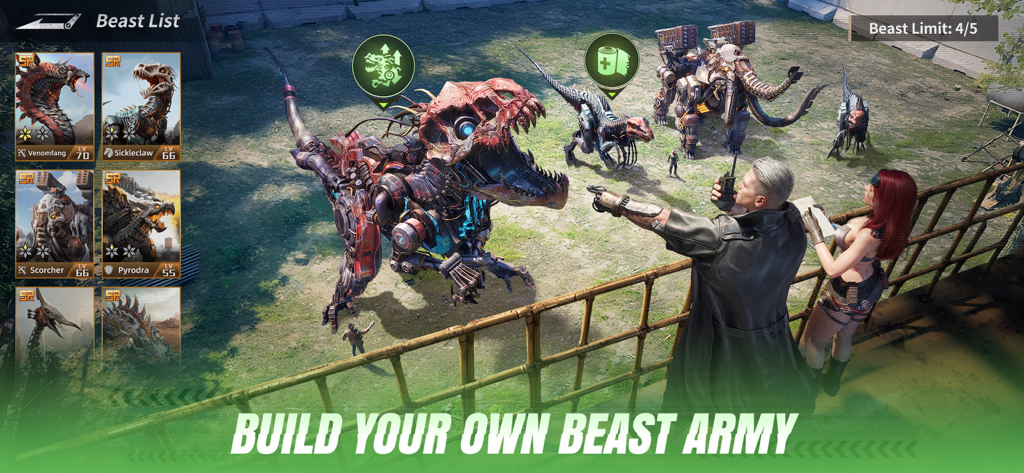 A commander inspecting a collection of mechanized dinosaurs in an open field from the game Mecha Domination Rampage.