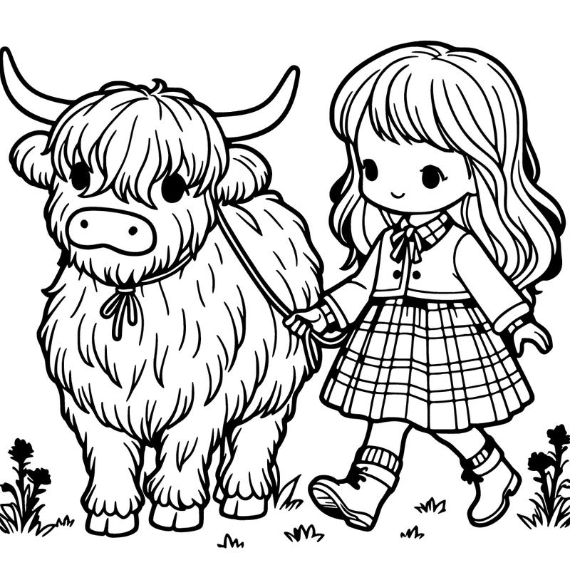 girl walking highland cow