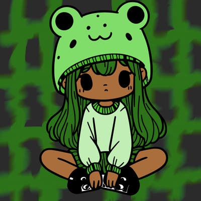 a girl wearing a frog hat and some frog socks