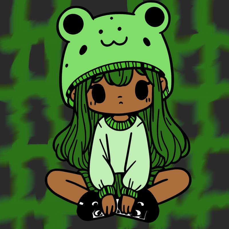 a girl wearing a frog hat and some frog socks