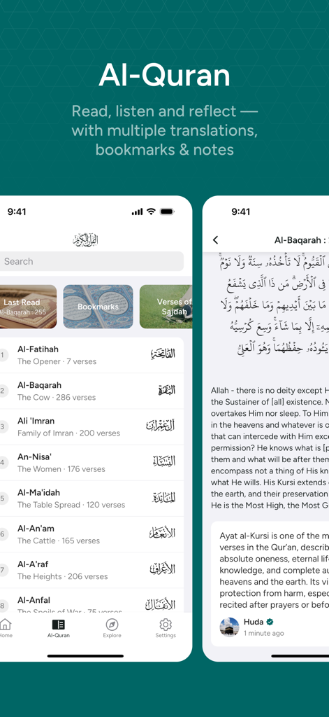 Huda: Prayer Times & Al-Quran - Mobile app interface showing the Al-Quran surah list and reading view with English translation and community notes.