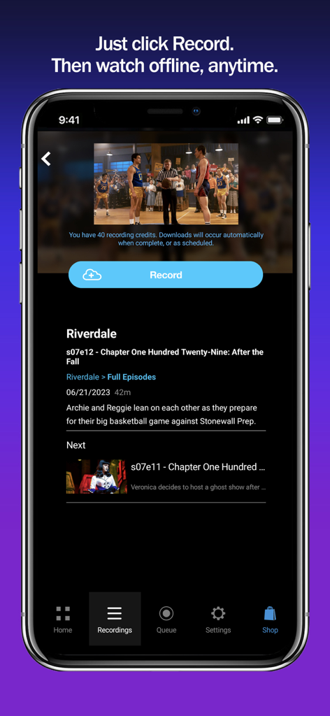 PlayOn Cloud - Streaming DVR - PlayOn Cloud app interface showing the record button to download a TV episode for offline viewing