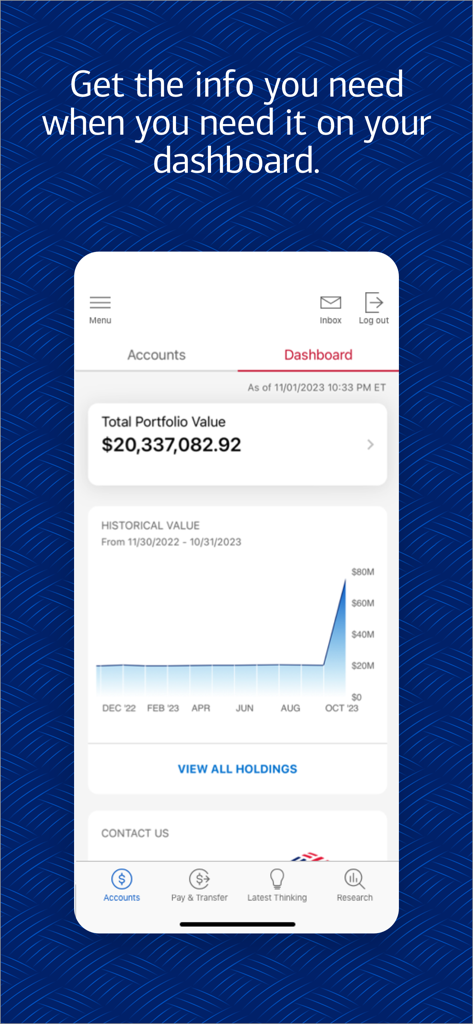 Bank of America Private Bank - Painel do aplicativo Bank of America Private Bank mostrando um valor de portfólio superior a 20 milhões de dólares e um gráfico de valor histórico.