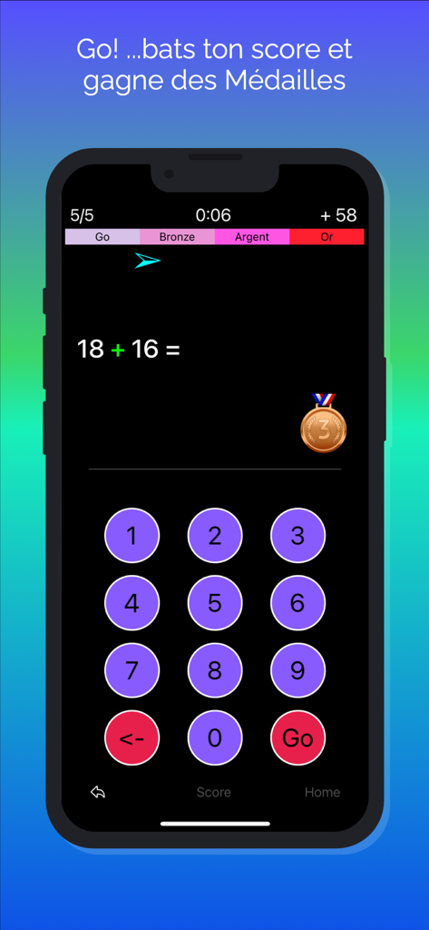 Calcul Mental & Jeux de Maths - Interface de jogo de cálculo mental com uma adição e uma medalha de bronze