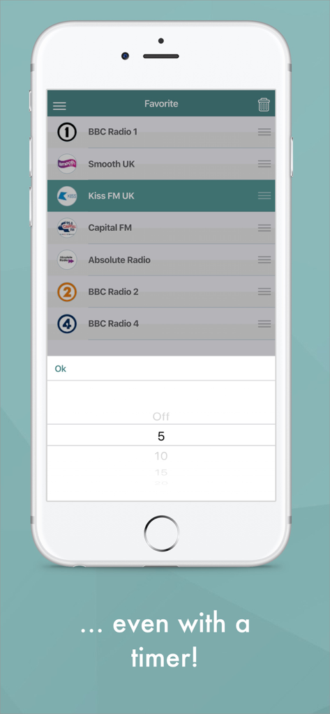 World Radio FM - Live Stations - Interface of World Radio FM app showing a list of favorite radio stations and a sleep timer setting.