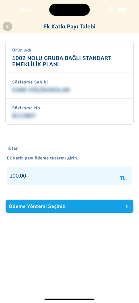 Katılım Cep - Interface mobile pour demander des cotisations de pension supplémentaires dans l'application Katilim Cep.