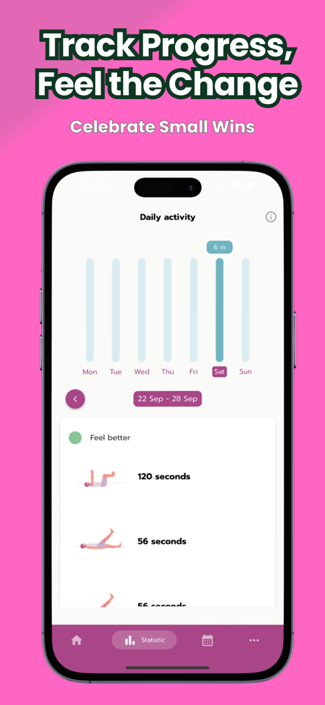 Kegel Men: Breathing Exercises - Tägliche Aktivitätsverfolgung in der Kegel Men App, die ein Balkendiagramm des wöchentlichen Fortschritts und Trainingsprotokolle anzeigt