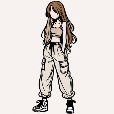girl in baggy pants crop top and long hair